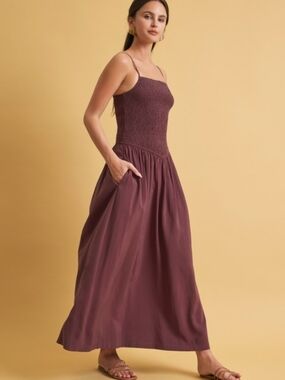 Dropped Waist Smocked Maxi Dress Espresso Brown